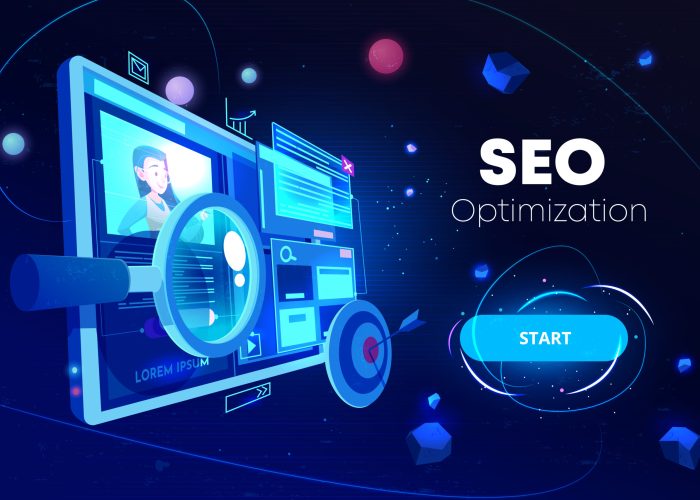 Futuristic SEO dashboard illustration with analytics, search magnifier, and digital screens